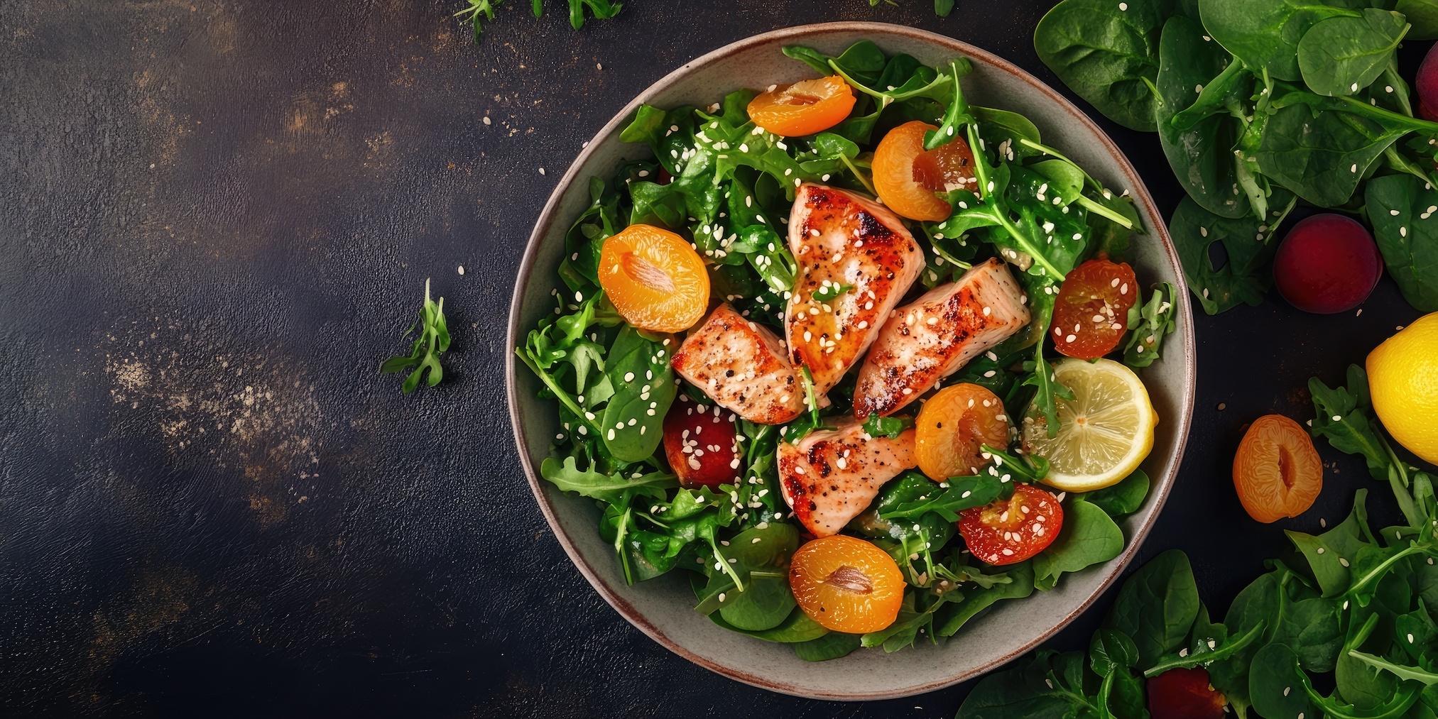 Beaucoup de légumes, de fruits et de céréales complètes, un peu de poisson et moins de viande rouge et de charcuteries, c’est le secret pour vieillir en bonne santé. © Lala, Adobe Stock (image générée avec IA)